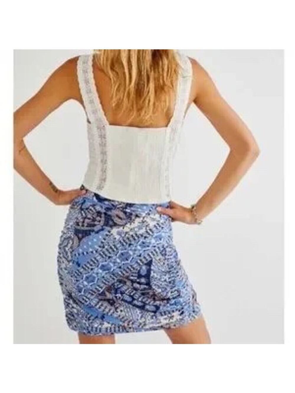 Free People EUC Women's She's Something Else Printed Ruched Skirt Blue Size S